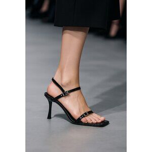 Stuart Weitzman Black Strappy Sandals Size 11M Leather Square Toe Heel Buckle